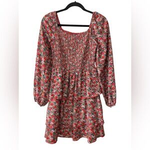Red Floral Tiered Dress Long Sleeve Smocked Top Small